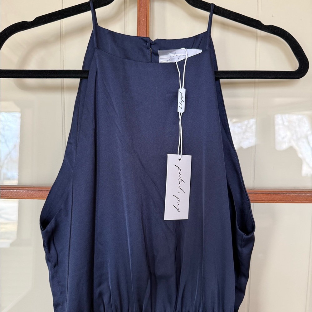 Petal & Pup Seychelle Navy Satin Asymmetrical Hem Tiered Ruffle Midi Dress - 6 - Picture 8 of 11